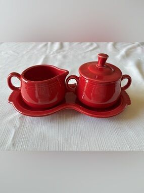 Fiestaware Scarlet Red Creamer and Sugar Set with Tray - Like New